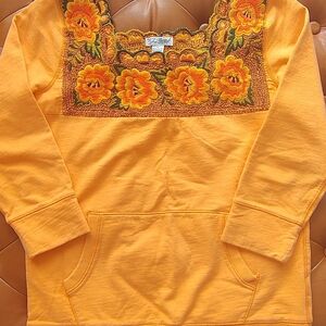 Lucky Brand Vibrant Orange Floral Embroidered Sweatshirt Top